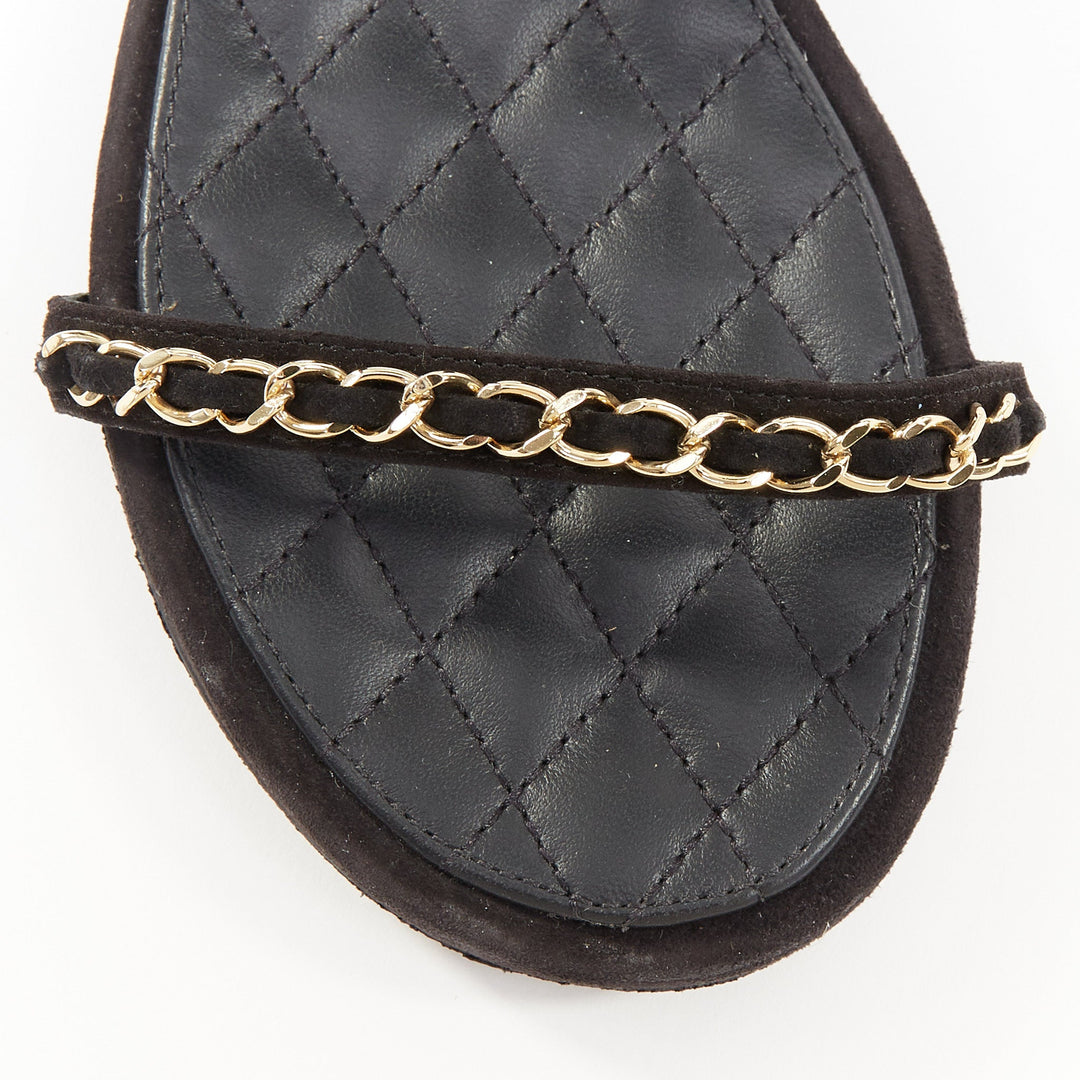 CHANEL 2017 braided suede chain CC logo open toe slip on flat sandals EU37C