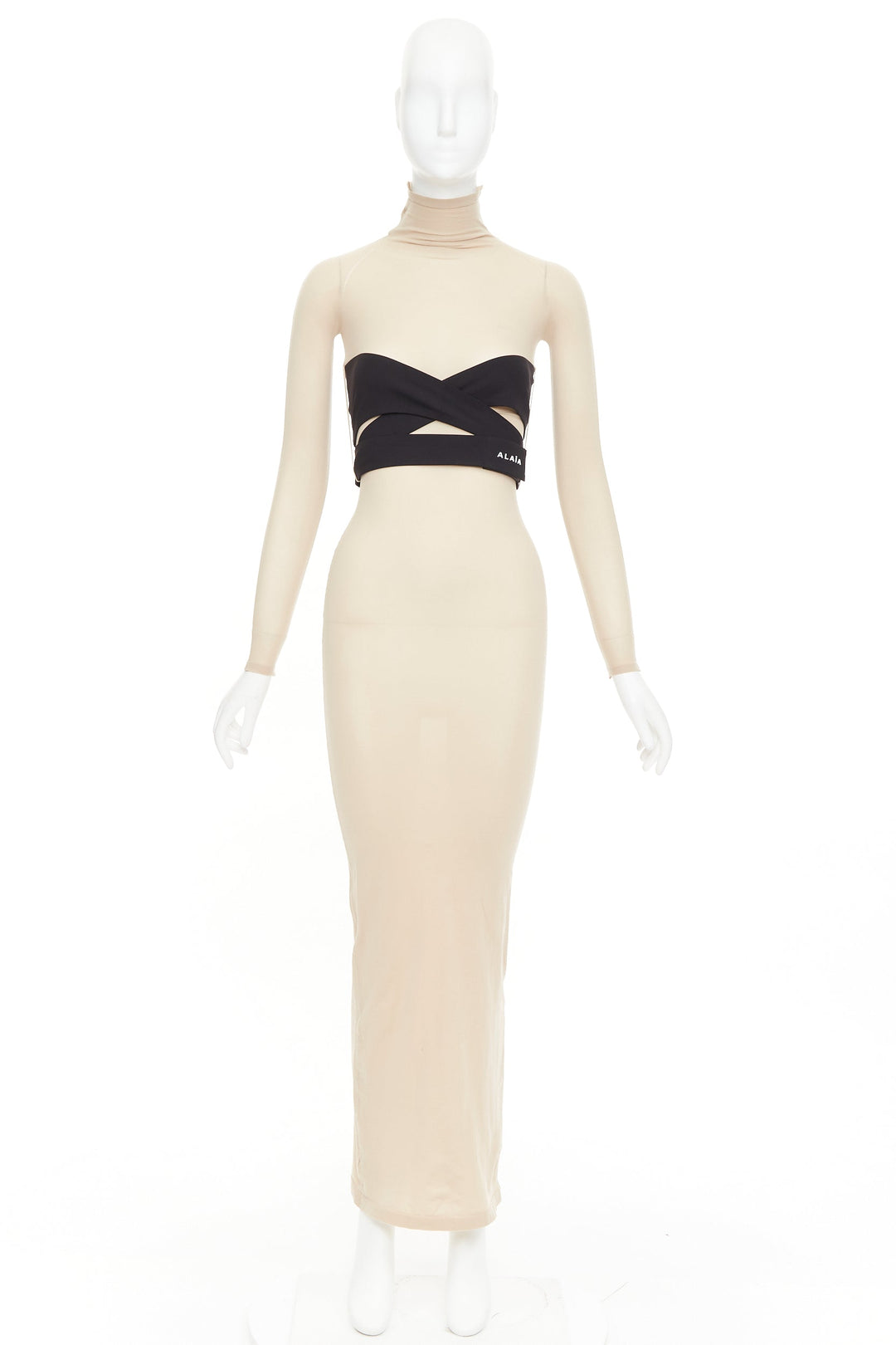 ALAIA 2023 beige second-skin band belted jersey turtleneck maxi dresse FR36 S