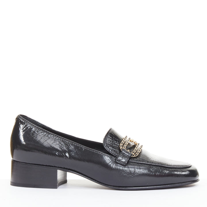 CHANEL 2025 black textured calfski gold CC chain link mocassin loafer shoes EU37