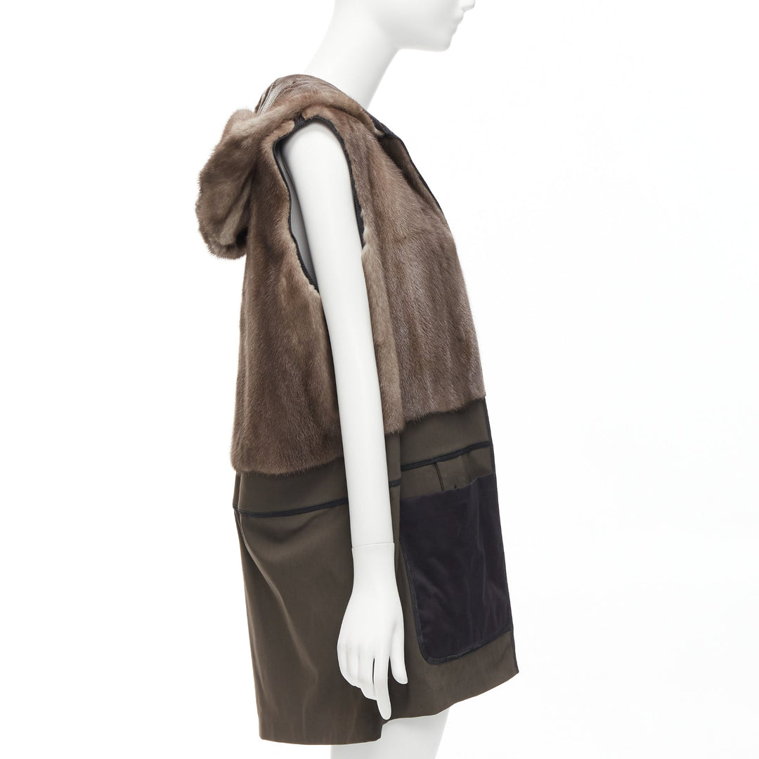 MARNI Mink Gilet Reversible brown colorblocked textured fur hooded vest IT40 S