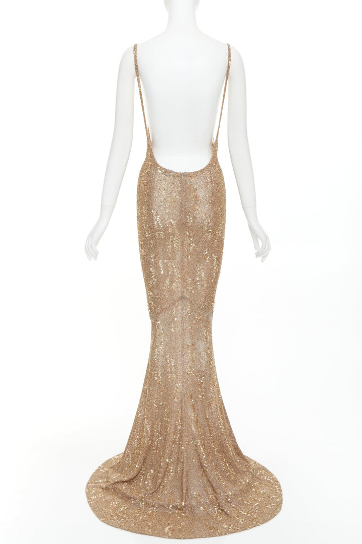 rare ALEXANDRE VAUTHIER COUTURE gold bead sequin embellished plunge evening
