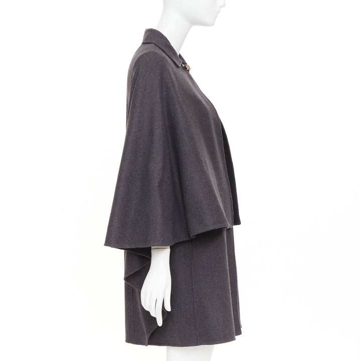 VALENTINO dark grey wool angora brown leather cape sleeve layered coat IT38 XS