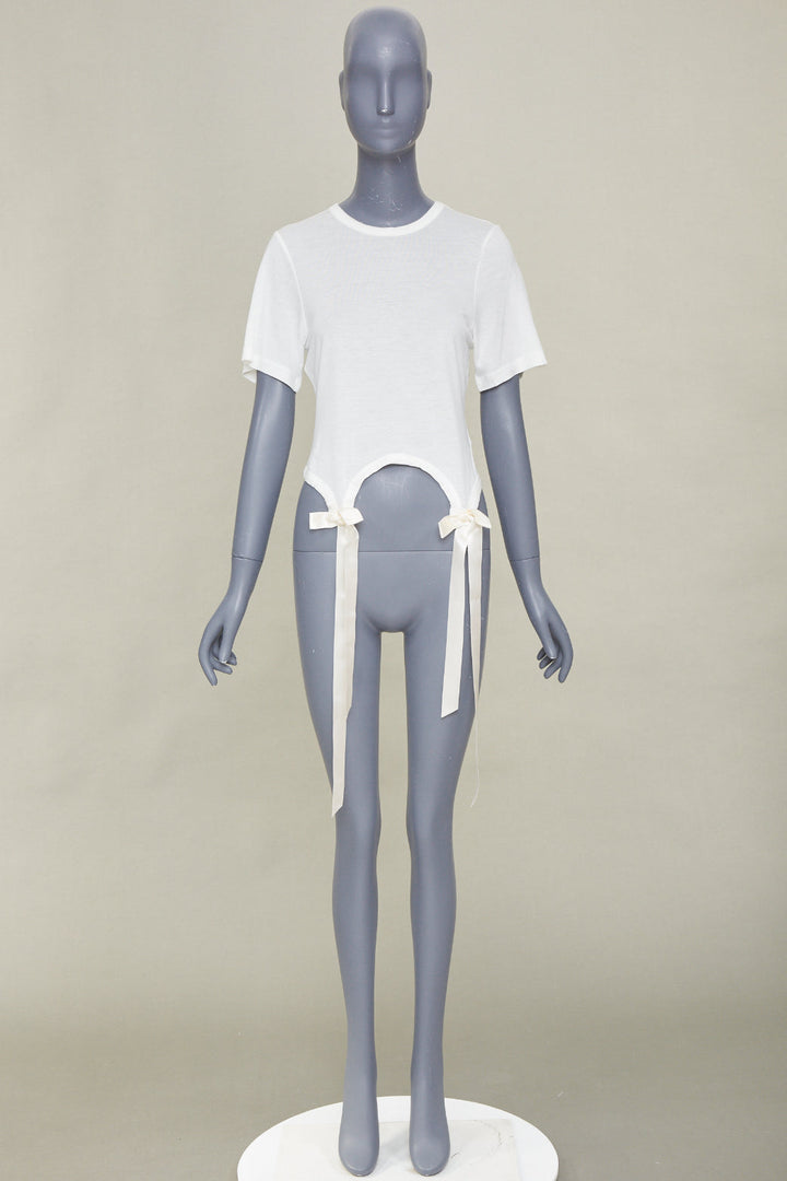 SIMONE ROCHA 2024 Bow Tails Easy ivory fine jersey curved hem bow top shirt S