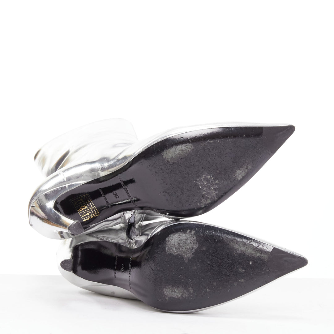 BALENCIAGA Slash 80 silver patent mirrored leather pointy slash heel boots EU36