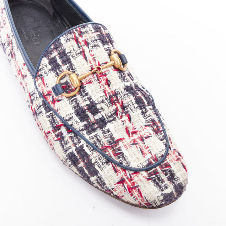 GUCCI Jordaan red blue cream tweed gold horsebit checked flat loafers EU37.5