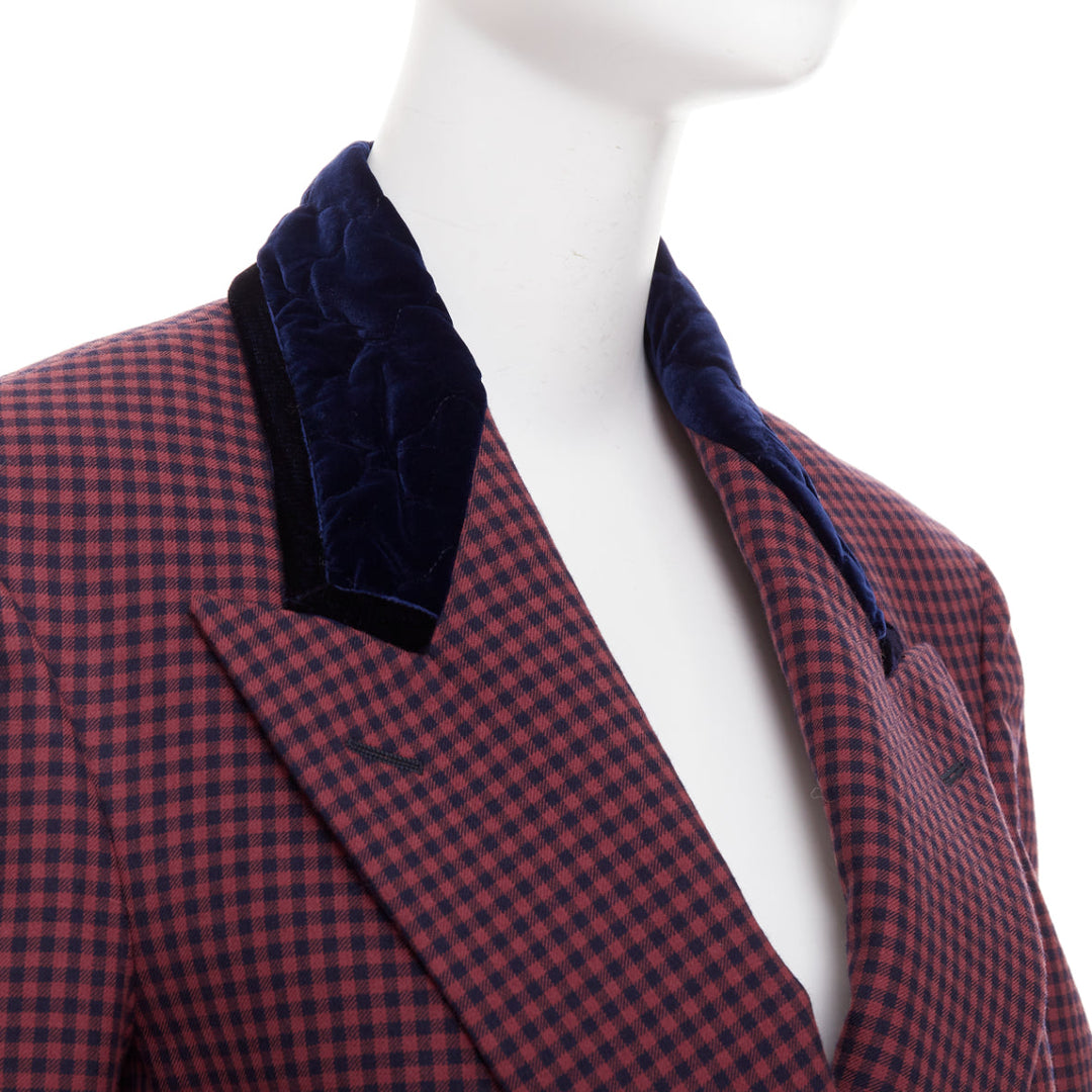 FENDI burgundy wool checkered purple velvet collar double breast blazer IT34 XS