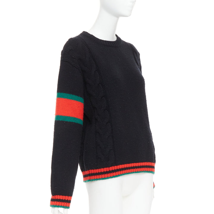 GUCCI 2021 black wool red green trim cable braid crew neck sweater XS