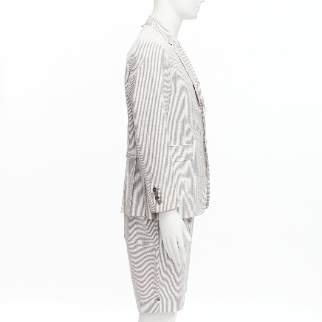 THOM BROWNE grey white striped seersucker blazer jacket shorts suit Sz. 3 L