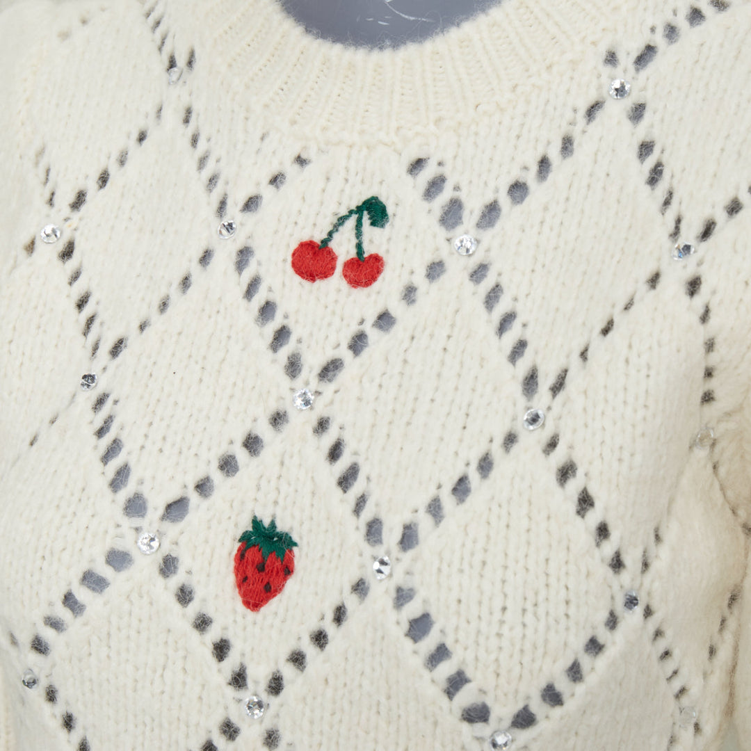 ALESSANDRA RICH 2023 fruit embroidered pointelle knit ivory alpaca top IT36 XS