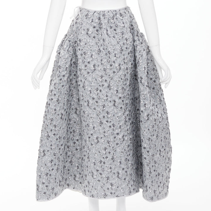 CECILIE BAHNSEN 2021 silver metallic cloque overlay flared midi skirt UK6 XS