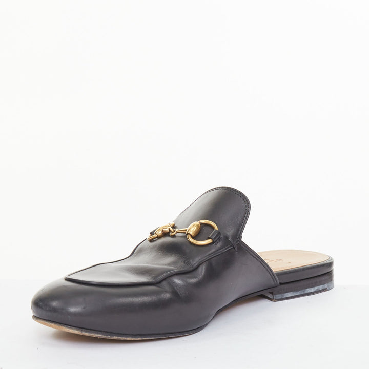 GUCCI Princetown black leather horsebit backless classic loafer mules EU37