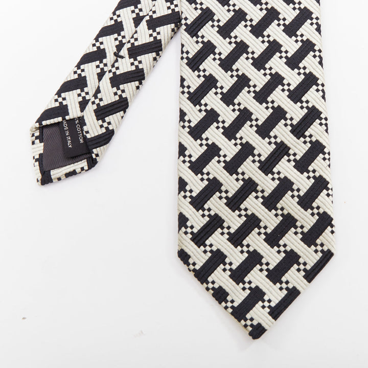TOM FORD black white silk cotton geometric woven jacquard dress tie