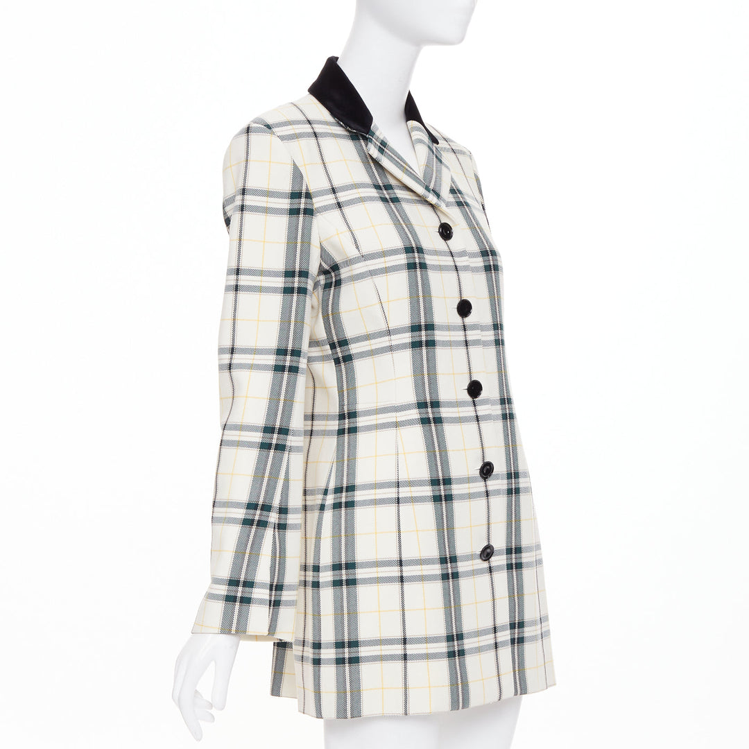 OLIVIER THEYSKENS cream green plaid check velvet collar fitted jacket IT38 XS