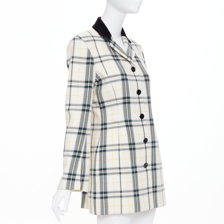 OLIVIER THEYSKENS cream green plaid check velvet collar fitted jacket IT38 XS