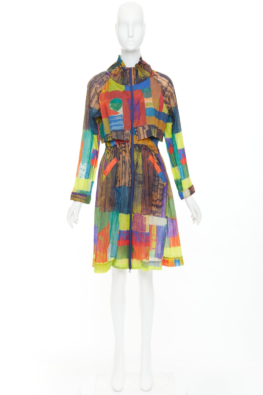 ISSEY MIYAKE multicolor rainbow geometric printed pleated coat dress JP2 M