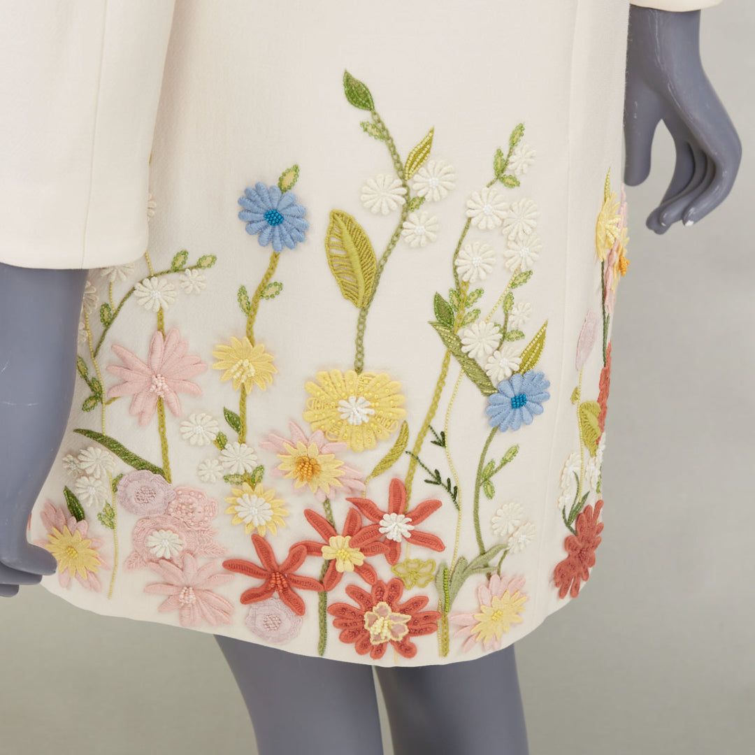 VALENTINO Crepe Couture ivory wool silk floral embroidered A-line dress IT38 XS