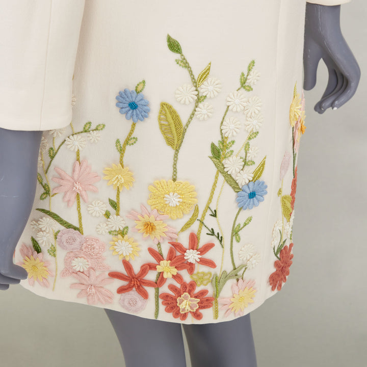 VALENTINO Crepe Couture ivory wool silk floral embroidered A-line dress IT38 XS