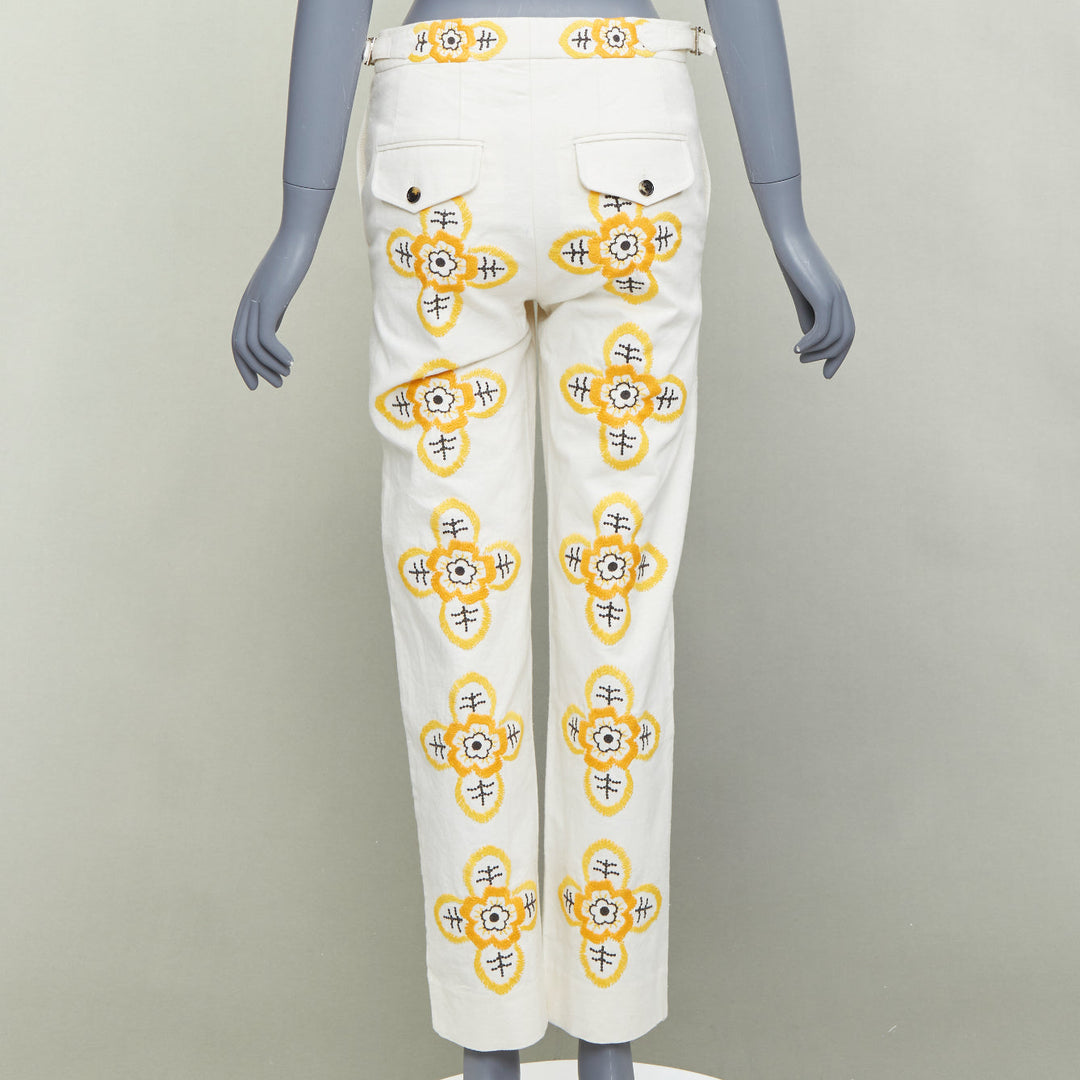 BODE Buttercup ecru yellow embroidery floral straight leg pants 25"