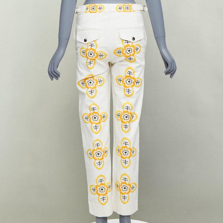 BODE Buttercup ecru yellow embroidery floral straight leg pants 25"