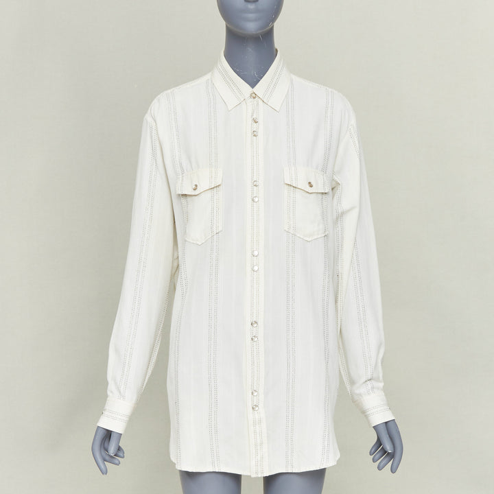 SAINT LAURENT 2019 cream modal blend gold metallic stripe weaved western shirt S