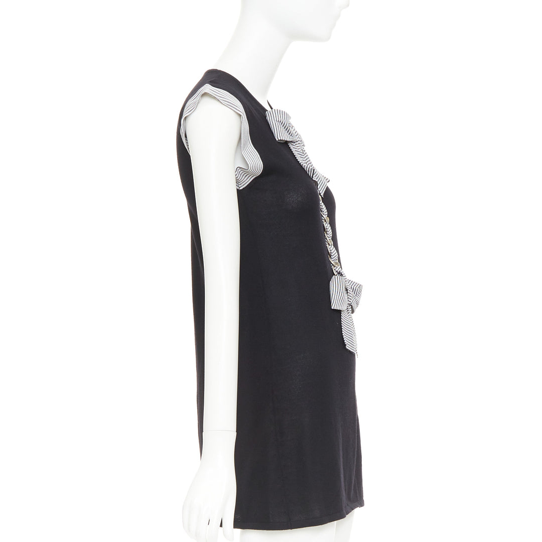 CHANEL 07P Runway black cashmere silk off white bow metal chain dress FR38 M