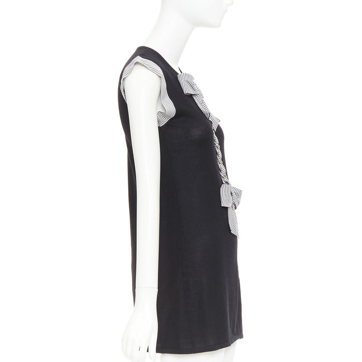 CHANEL 07P Runway black cashmere silk off white bow metal chain dress FR38 M