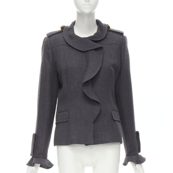 VALENTINO Vintage grey virgin wool ruffle collar military detail jacket IT46 L