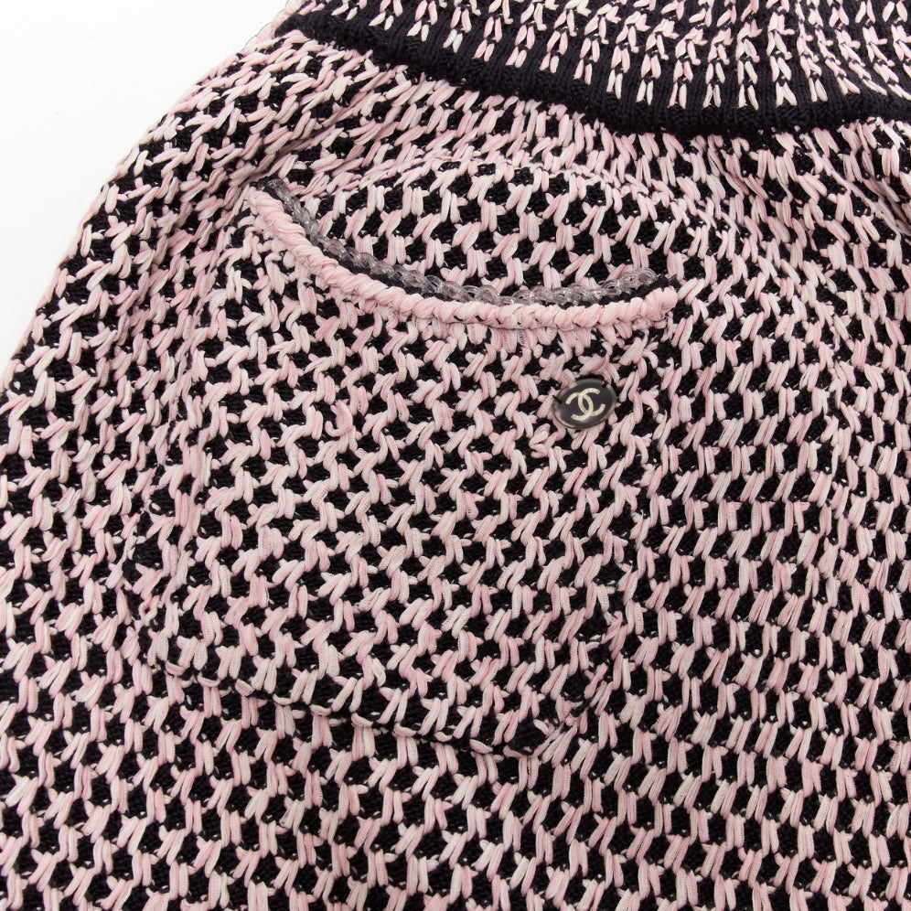 CHANEL black pink silk cotton blend tweed knit rubber braid trim skirt FR36 S