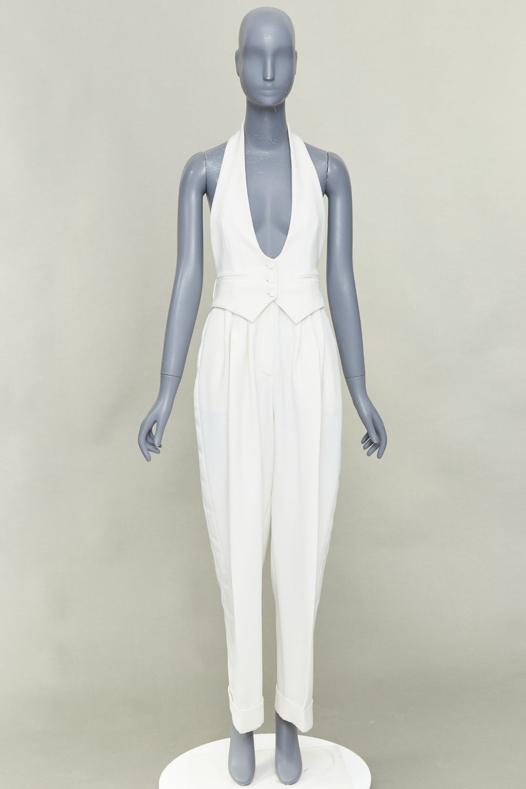 ALEXANDRE VAUTHIER COUTURE off white crepe halter neck waistcoat jumpsuit