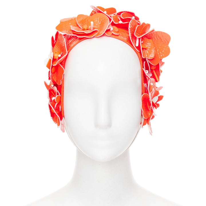MIU MIU 2017 Runway orange patent leather petals beaded retro swim cap hat S