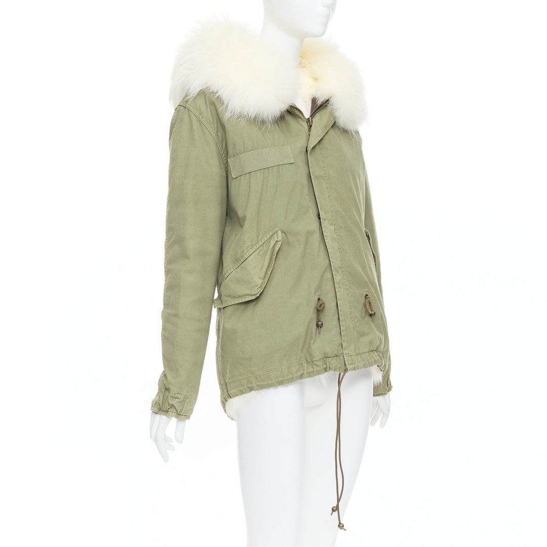 MR AND MRS ITALY  white fur lined hooded military green parka coat XXS