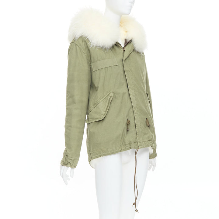 MR AND MRS ITALY  white fur lined hooded military green parka coat XXS