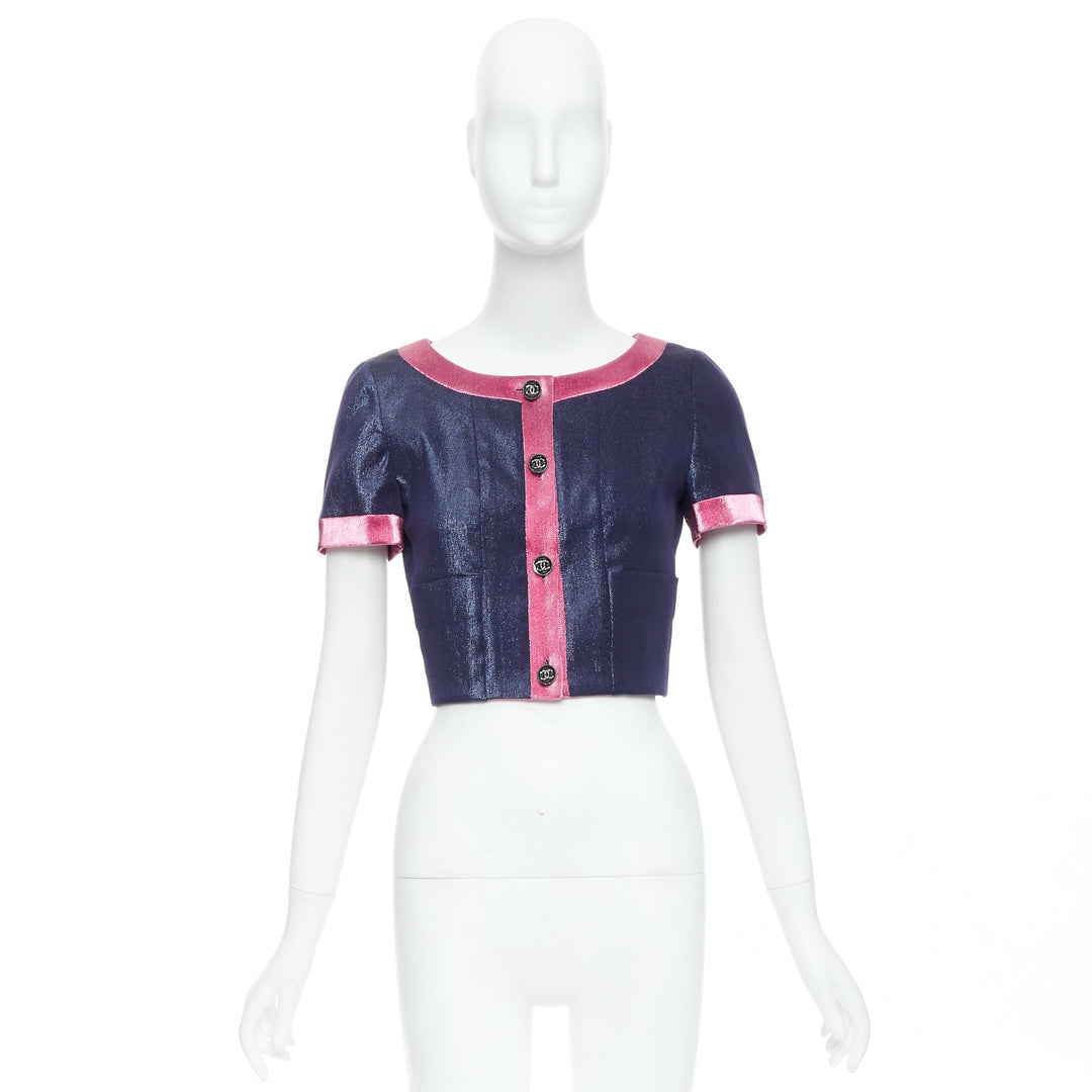 CHANEL 22K navy pink metallic wool blend cropped jacket FR36 S