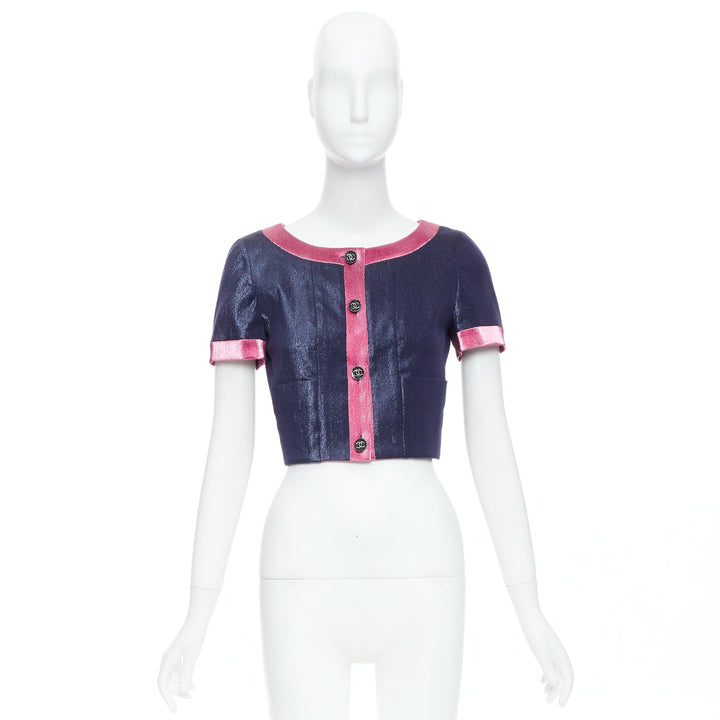CHANEL 22K navy pink metallic wool blend cropped jacket FR36 S