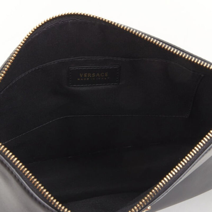 VERSACE gold Virtus Barocco V black leather zip clutch crossbody bag