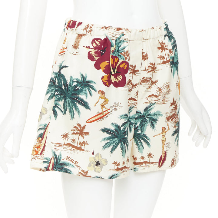 MIU MIU 2023 100% silk multicolor cream Hawaiian Surfer boxer shorts Sz1 XS