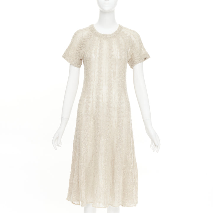 CHANEL cream beige alpaca blend textured knit CC short sleeve midi dress FR38 M