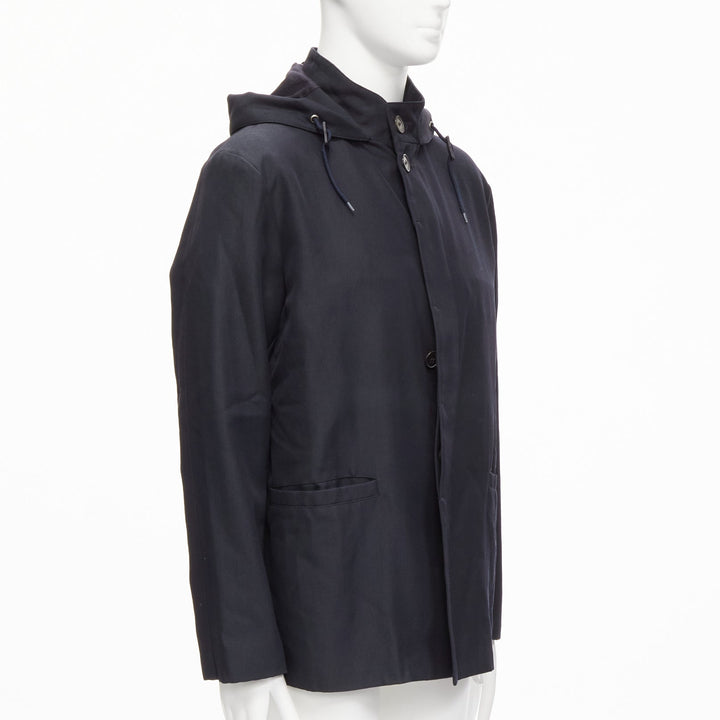 MARNI black wool leather stopper hooded concealed buttons parka jacket IT48 M