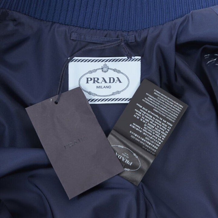PRADA Nylon 2018 blue triangle rubber logo zip front bomber jacket IT40 S