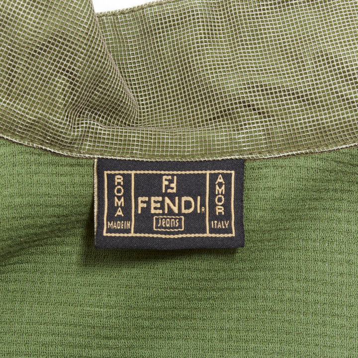 FENDI JEANS Vintage green nylon technical small logo zip up jacket