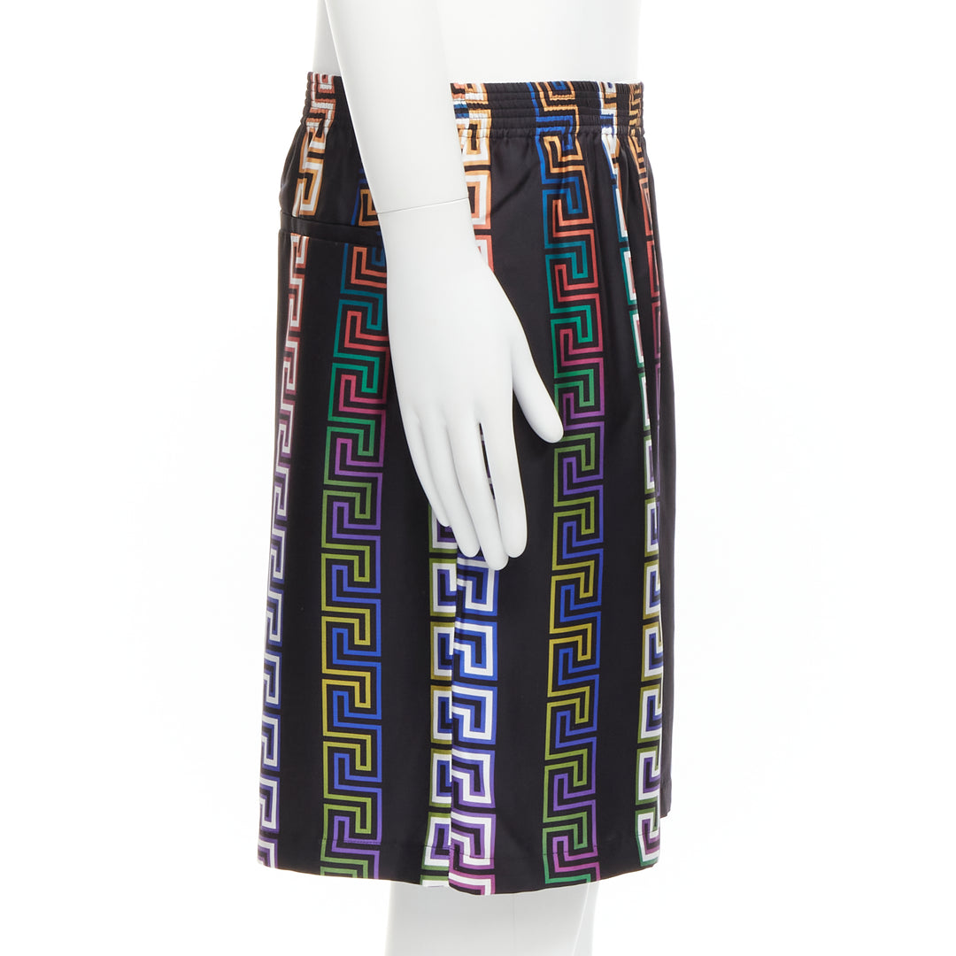 VERSACE 2021 Runway Neon Greca black college fit silk twill shorts IT48 M