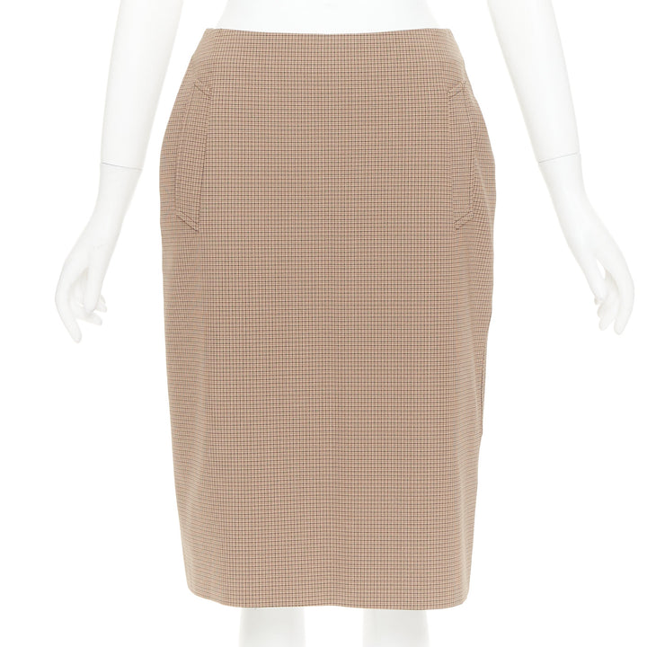 PRADA Vintage brown micro houndstooth checked high waist pencil skirt IT42 M