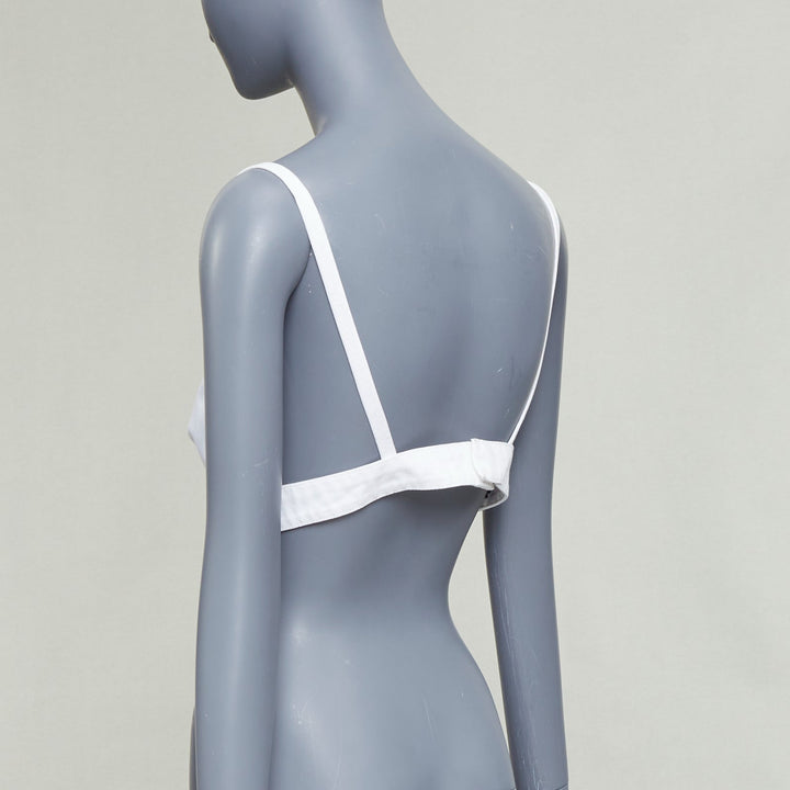 PRADA 2022 white distressed denim triangle logo plunge bralette crop top IT42 M