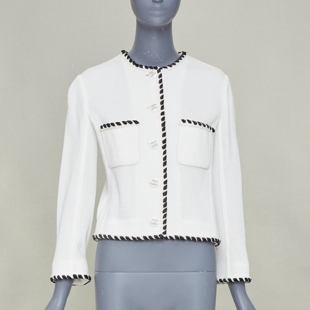 CHANEL 2021 Cruise white twist braid waffle knit crystal button jacket FR34 XX