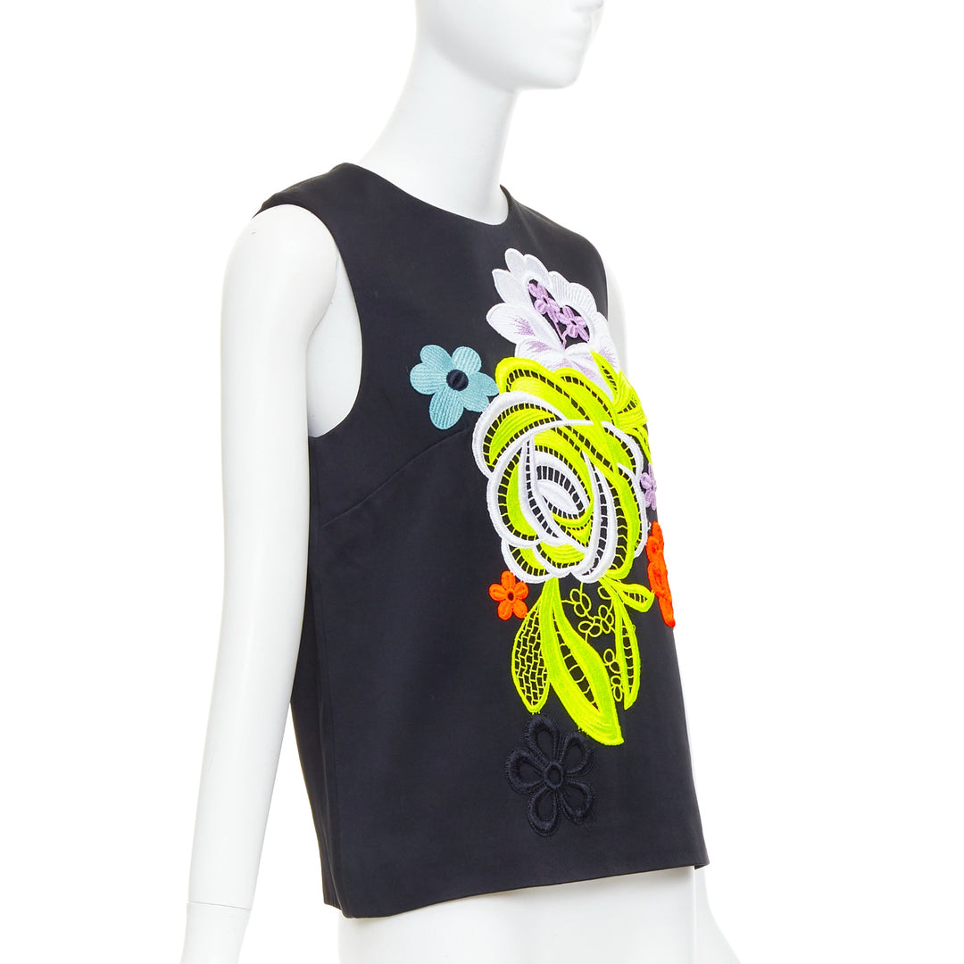 CHRISTOPHER KANE 2016 black neon floral embroidered front vest top UK12 L