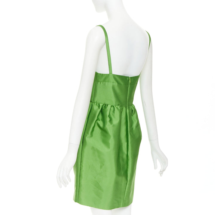 PRADA 2022 Kelly green duchess silk V-neck sleeveless mini dress IT40 S