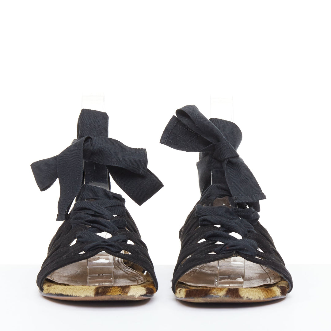 ALAIA black suede leopard pony hair wrap tie lace up gladiator sandals EU36.5