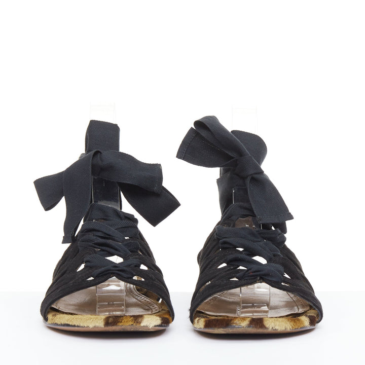 ALAIA black suede leopard pony hair wrap tie lace up gladiator sandals EU36.5