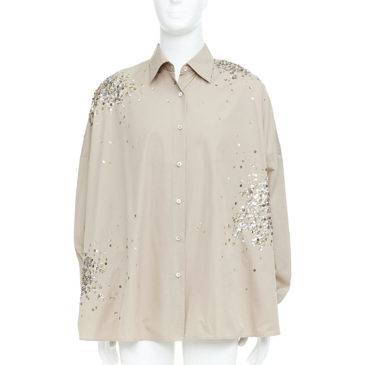 DRIES VAN NOTEN 2024 Casia beige sequin bead embellished cotton shirt M