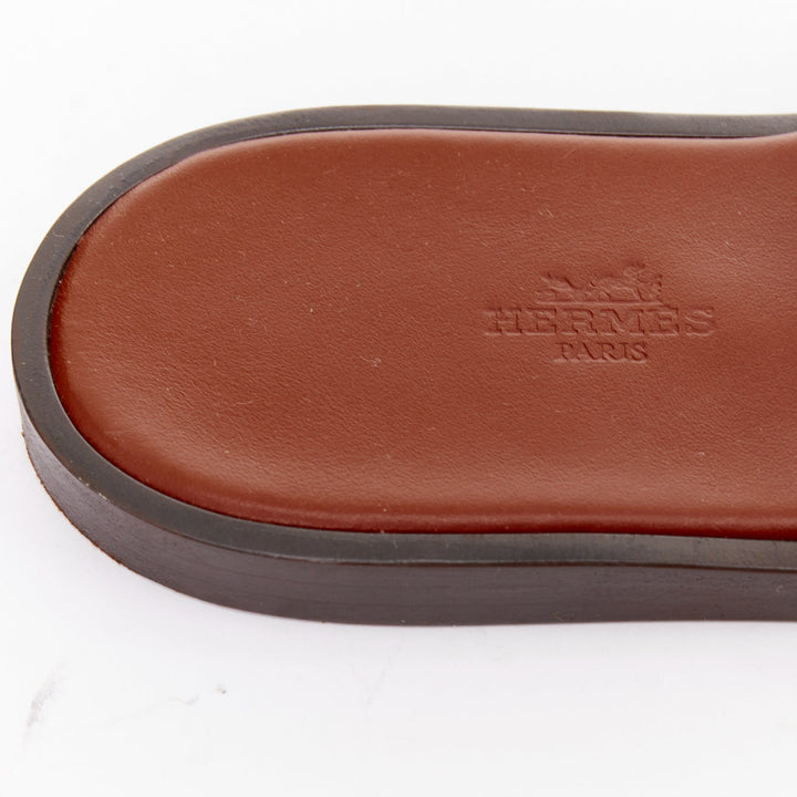 HERMES Izmir brown suede goatskin leather H cut out flat sandals EU41
